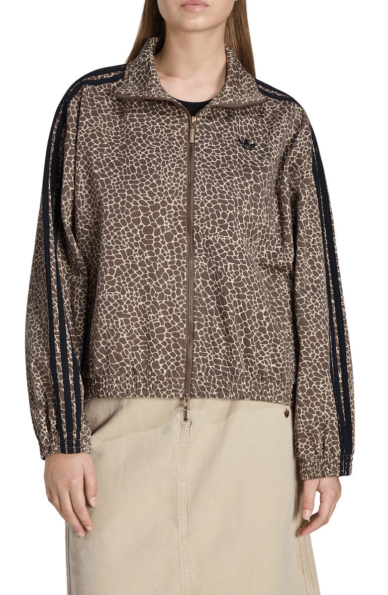 adidas Originals Firebird Animal Print Denim Track Jacket, Main, color, Earth Strata/ Stone Khaki