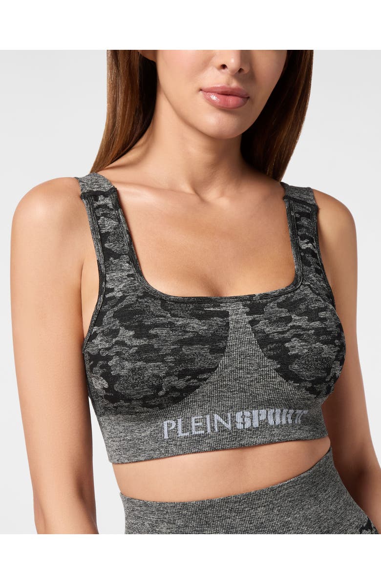PLEIN SPORT Seamless Crossed Straps Sport Bra Logo, Alternate, color, Black