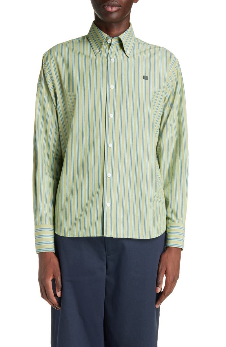Acne Studios Face Patch Stripe Cotton Button-Down Shirt, Main, color, 