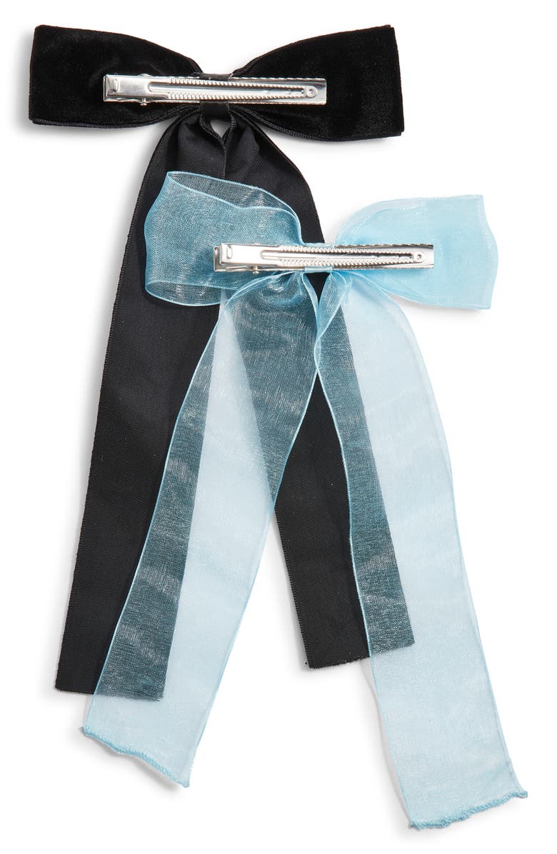BP. Set of 2 Velvet & Organza Hair Bow Barrettes, Alternate, color, Black- Blue