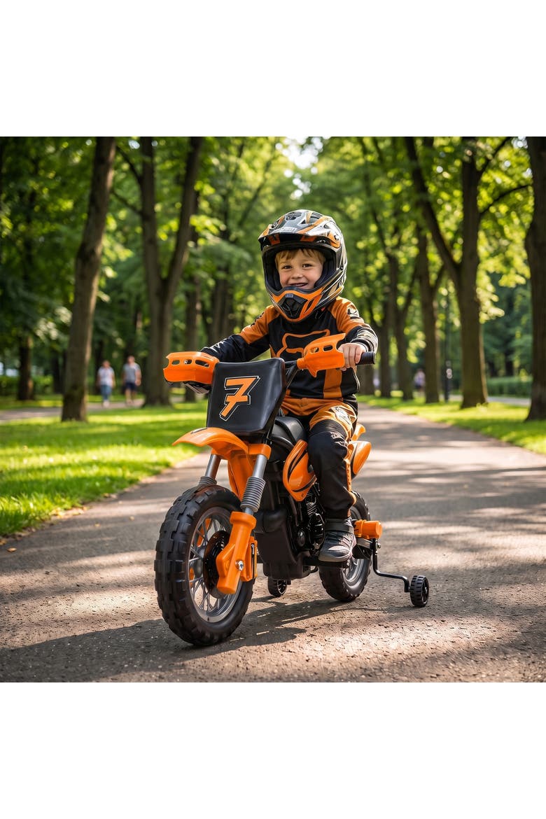 12V Kids Motorcycle, 2 x 35W Electric Dirt Bike with Training Wheels, Battery Powered Ride on Motorbike, Alternate, color, Orange