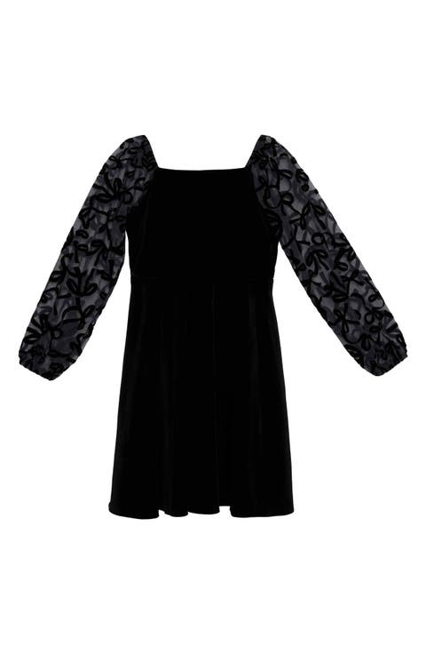 Kids' Flocked Sleeve Velvet Skater Dress