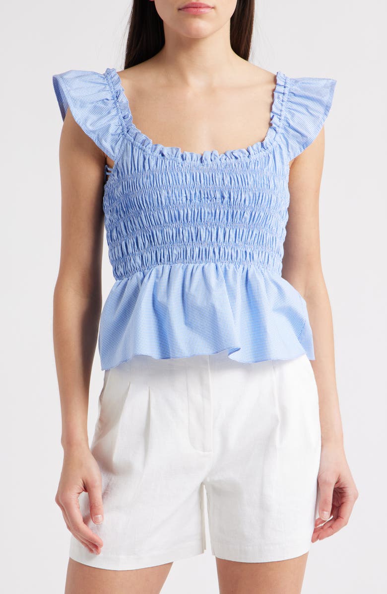 Faithfull the Brand Eudora Gingham Smocked Peplum Cotton Top, Main, color, Micro Gingham Soft Blue