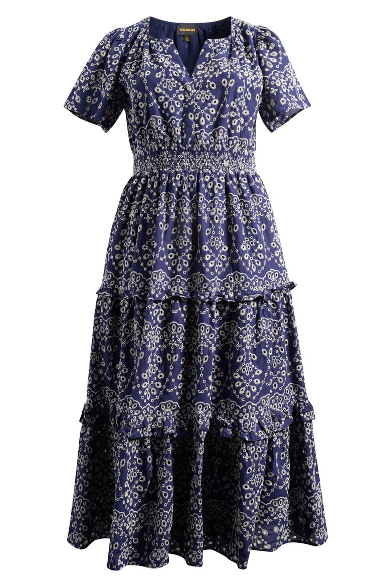 Viridiana Tiered Floral Eyelet Maxi Dress, Alternate, color, DENIM BLUE