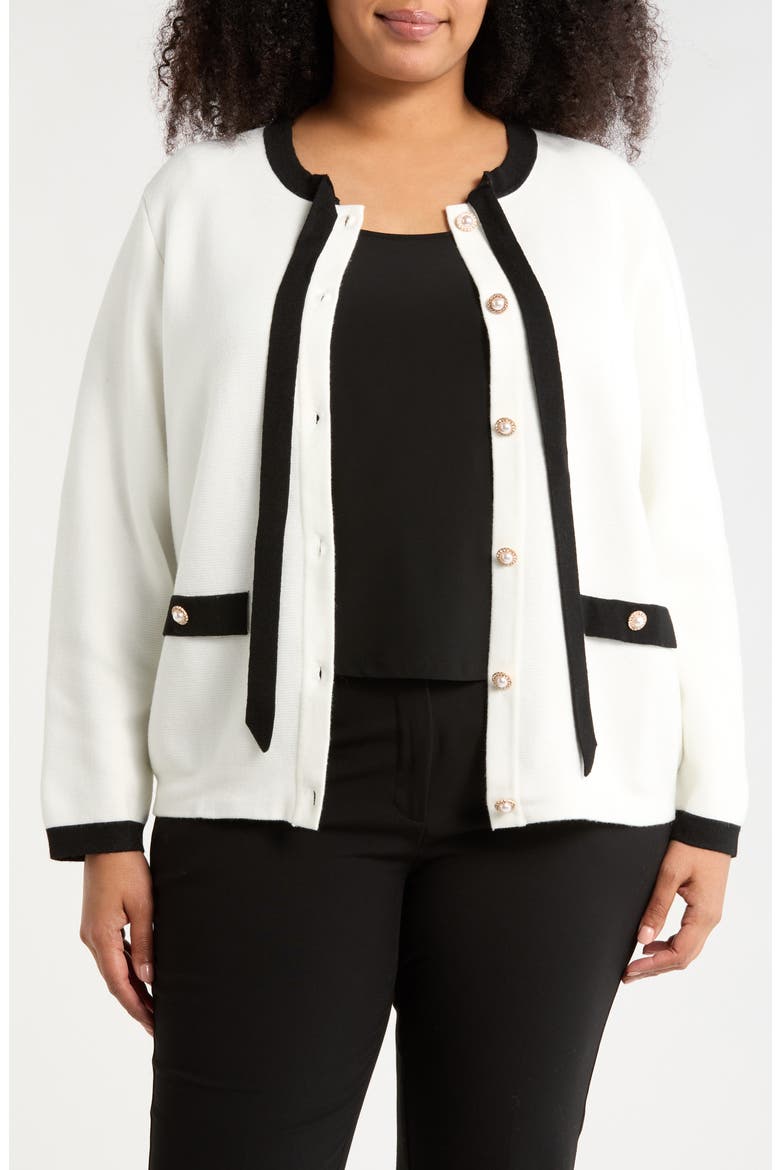 Bow Neck Cardigan, Alternate, color, IVORY/ BLACK