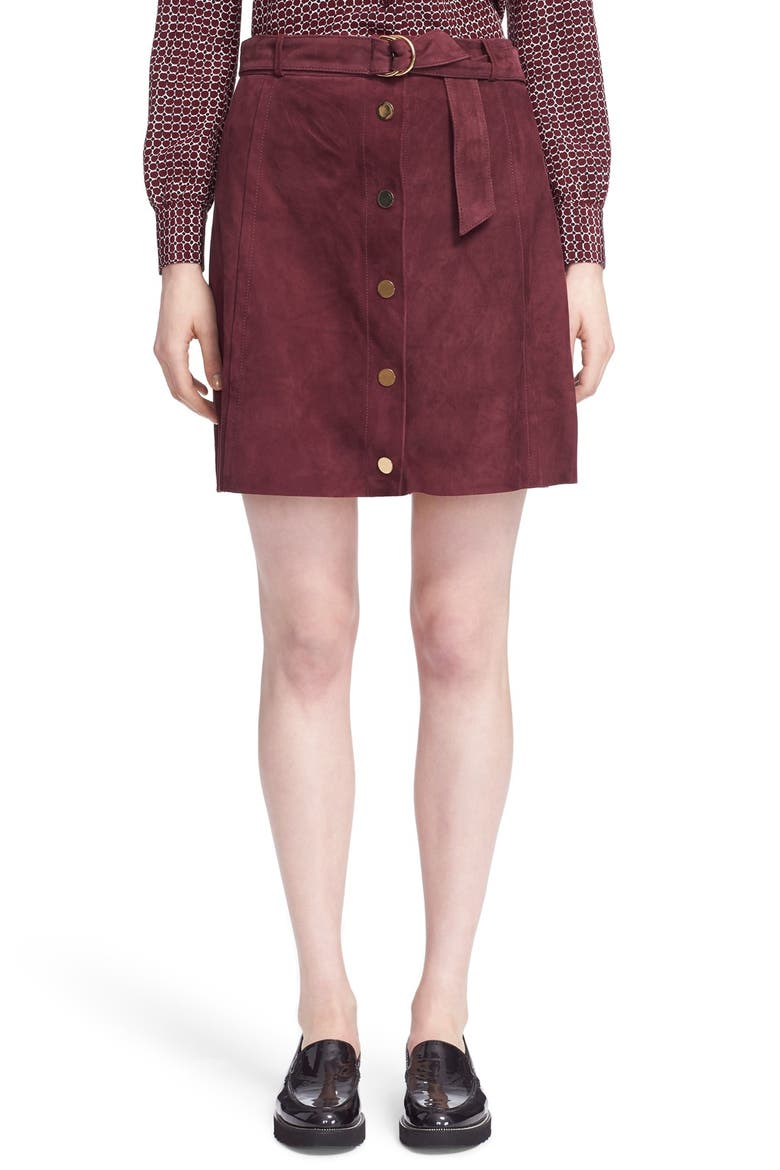 belted suede a-line skirt, Main, color, MIDNIGHT WINE
