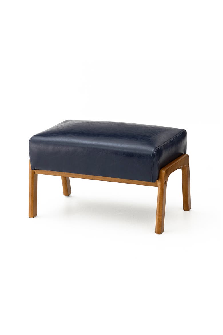 Mid-century Modern Faux Leather Accent Stool with Walnut Rubberwood Legs, Main, color, Navy Blue