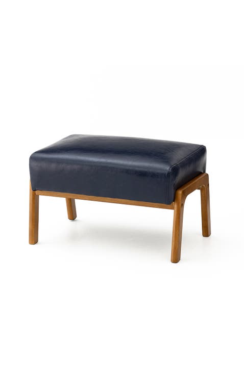 Mid-century Modern Faux Leather Accent Stool with Walnut Rubberwood Legs