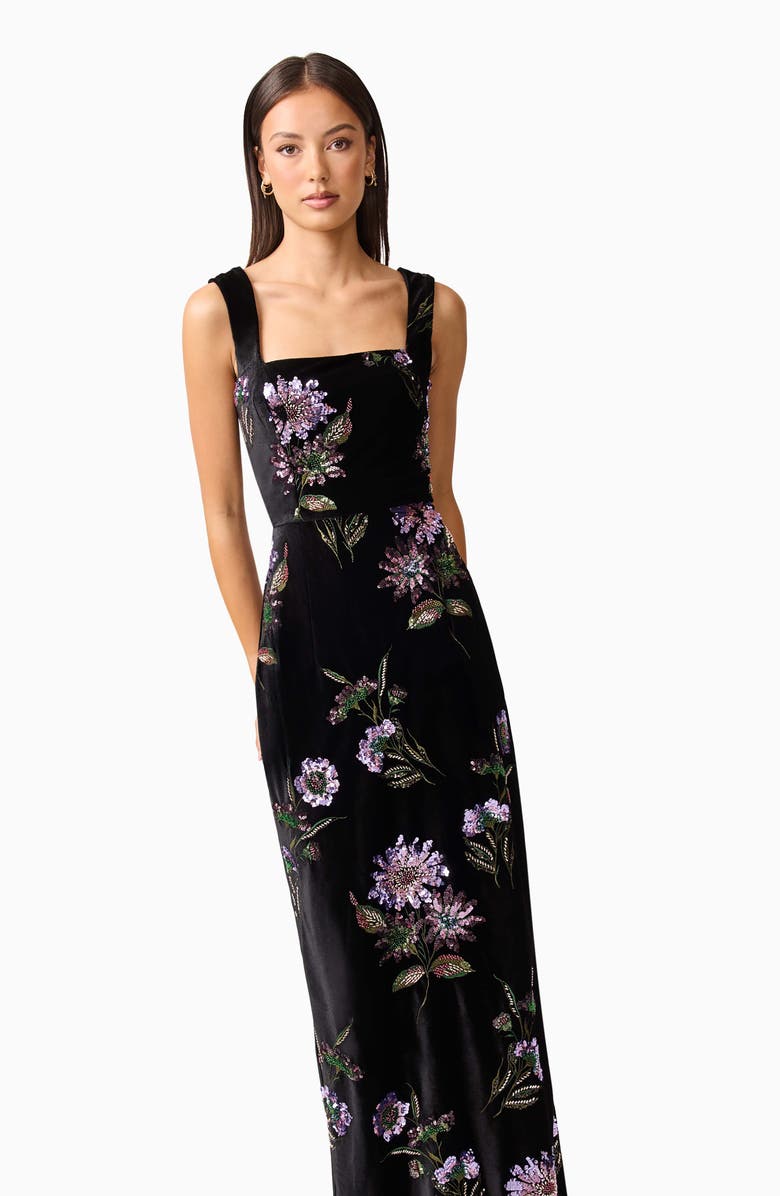 Elliatt Clio Embellished Velvet Sheath Gown, Alternate, color, Black Multi