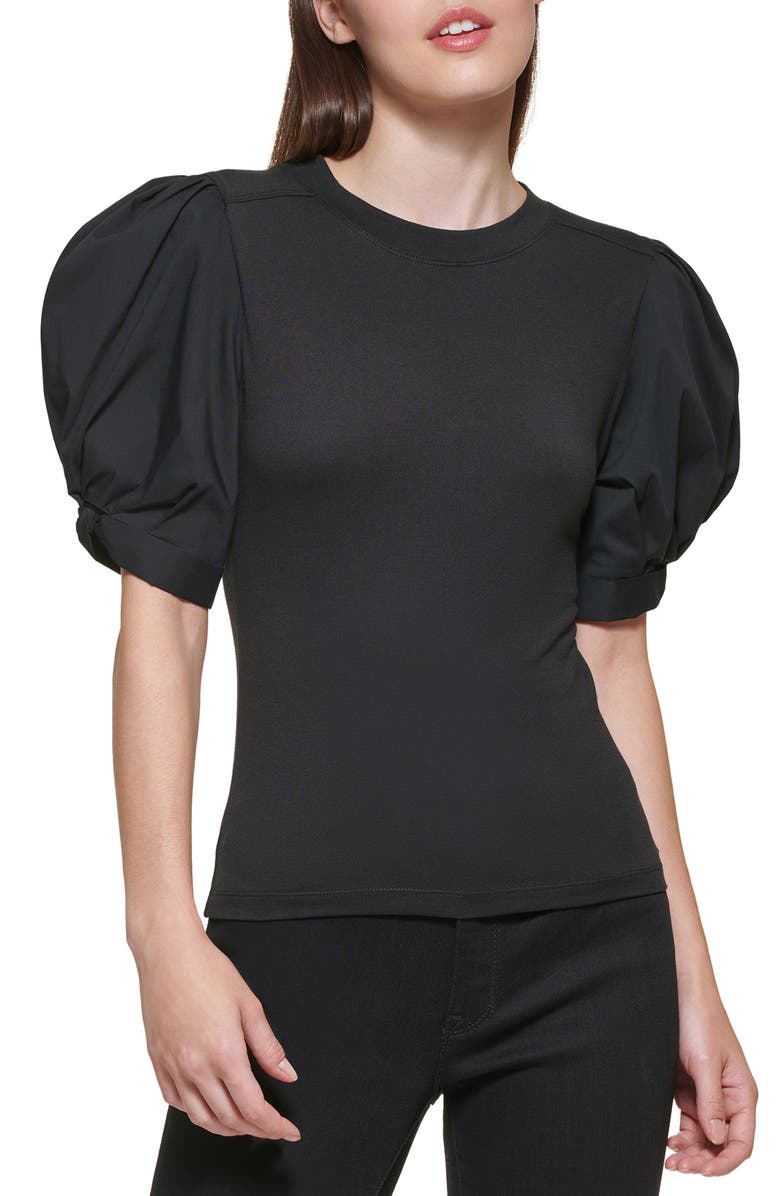 DKNY Puff Sleeve Mixed Media Top, Main, color, 