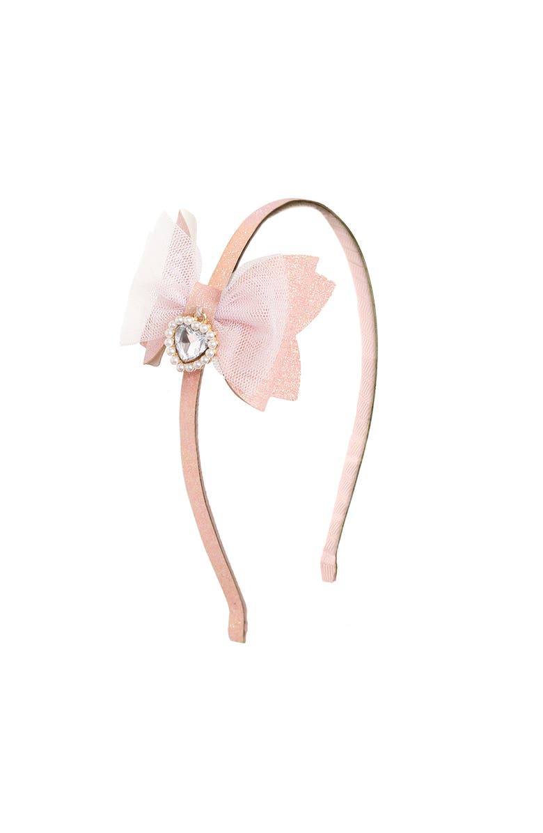 Sweet Wink Heart Charm Glitter Bow Headband, Main, color, Pink