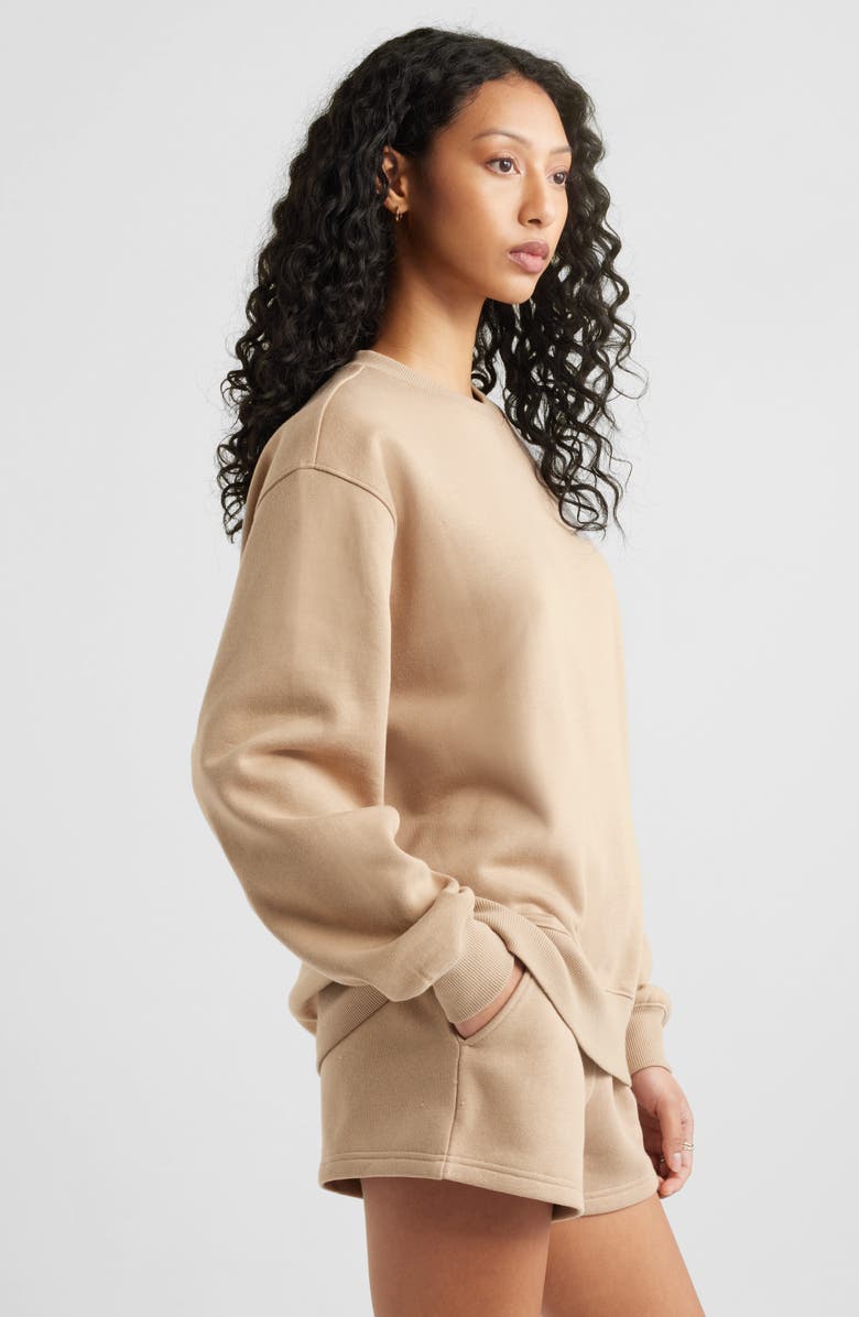 BP. Fleece Detail Oversize Crewneck Sweatshirt, Alternate, color, Tan Savannah