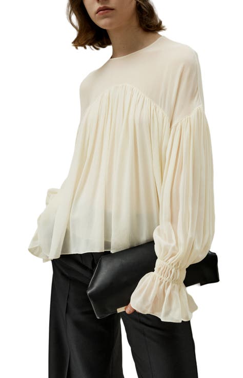 Sheer-Shoulder Ruffle Shirt