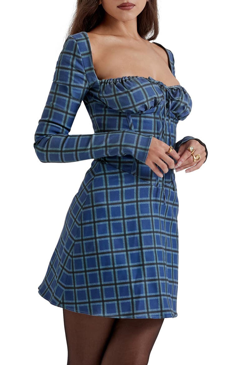 Malika Long Sleeve Cocktail Minidress, Alternate, color, BLUE TARTAN PRINT