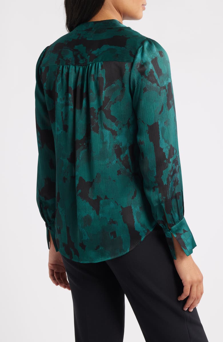 Anne Klein Pleated Print Split Neck Top, Alternate, color, Pine Forest Multi