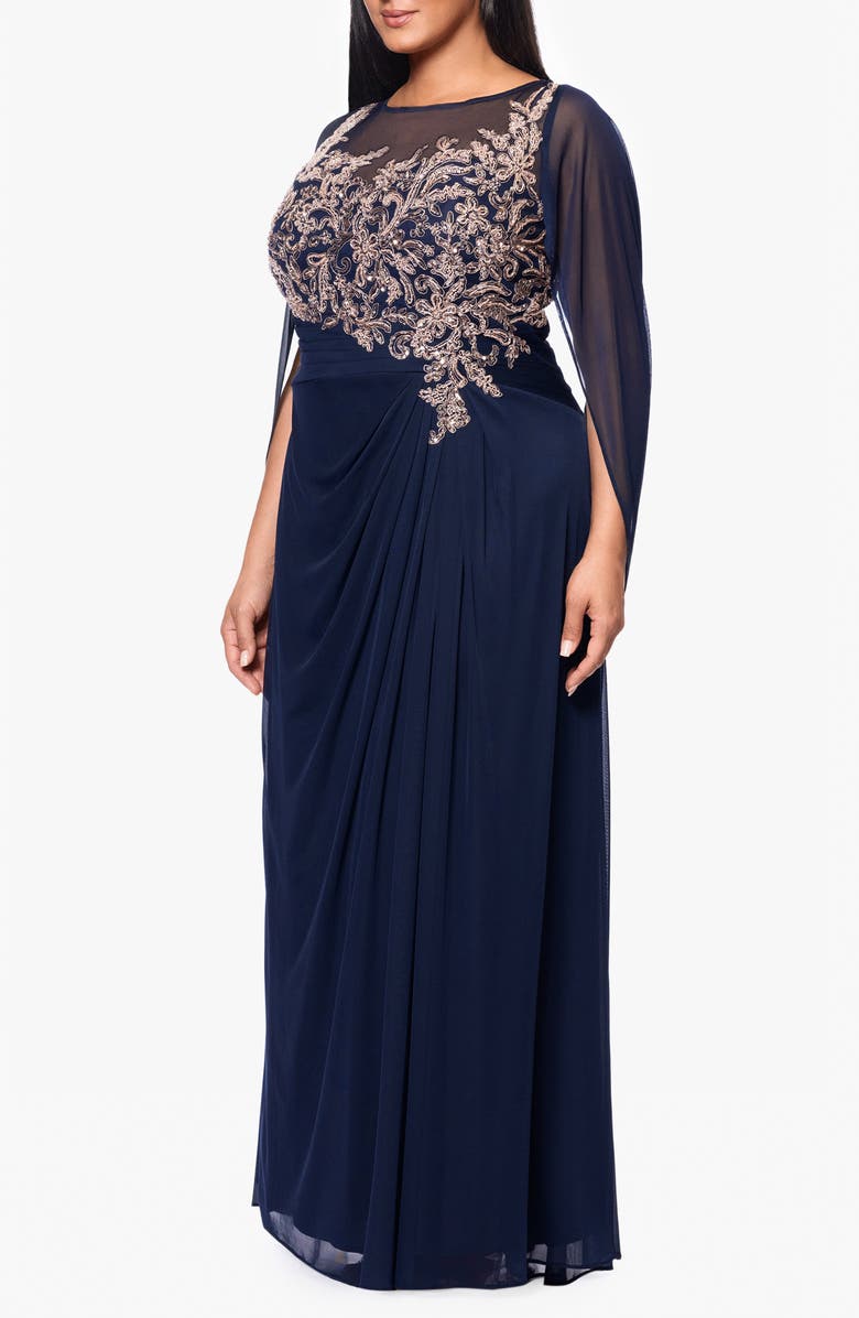 Betsy & Adam Beaded Cape Sleeve Chiffon Gown, Alternate, color, 