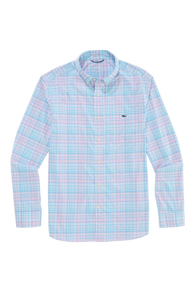 Parrotfish Plaid Performance Button Down Shirt, Main, color, BAHAMA BREEZE
