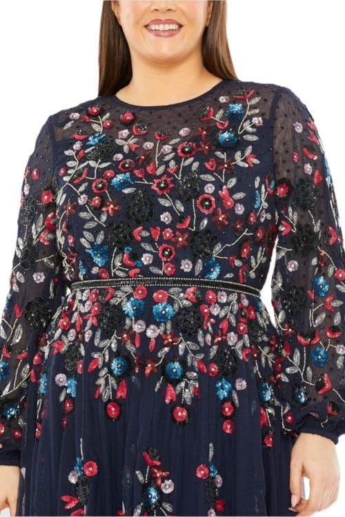 Mac Duggal Long Sleeve Beaded Cocktail Dress In Midnight