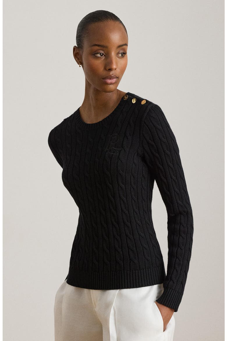 Button Trim Cable Knit Sweater, Alternate, color, BLACK