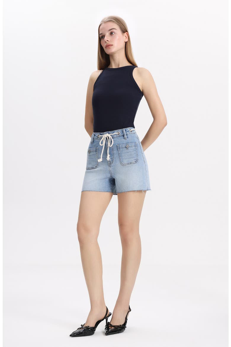 Drawstring Raw Hem High Waist Denim Shorts, Alternate, color, LIGHT BLUE