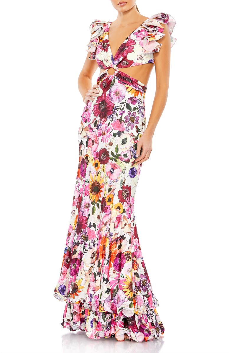 Mac Duggal Floral Print Ruffle Shoulder Cut Out Gown, Main, color, White Multi