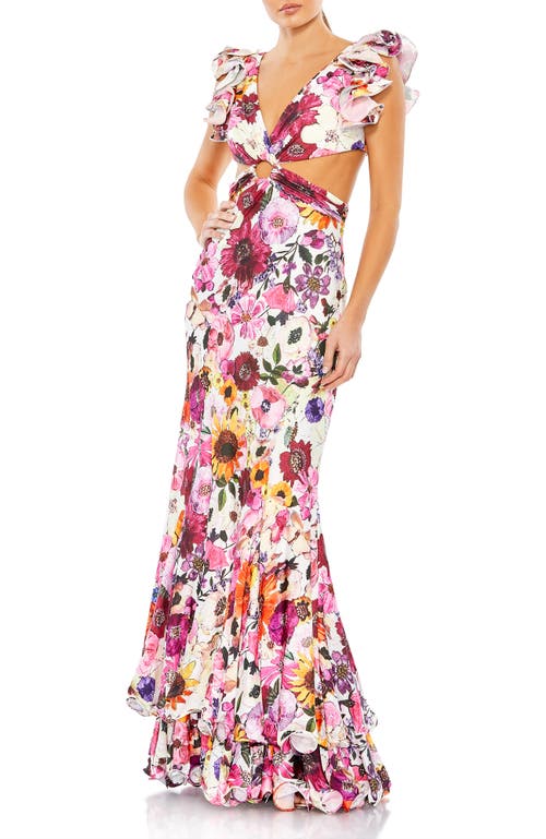 Mac Duggal Floral Print Ruffle Shoulder Cut Out Gown In White Multi
