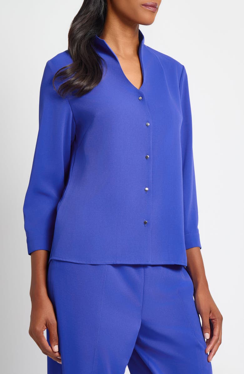 Ming Wang Crêpe de Chine Stand Collar Button-Up Shirt, Alternate, color, Sapphire Sea