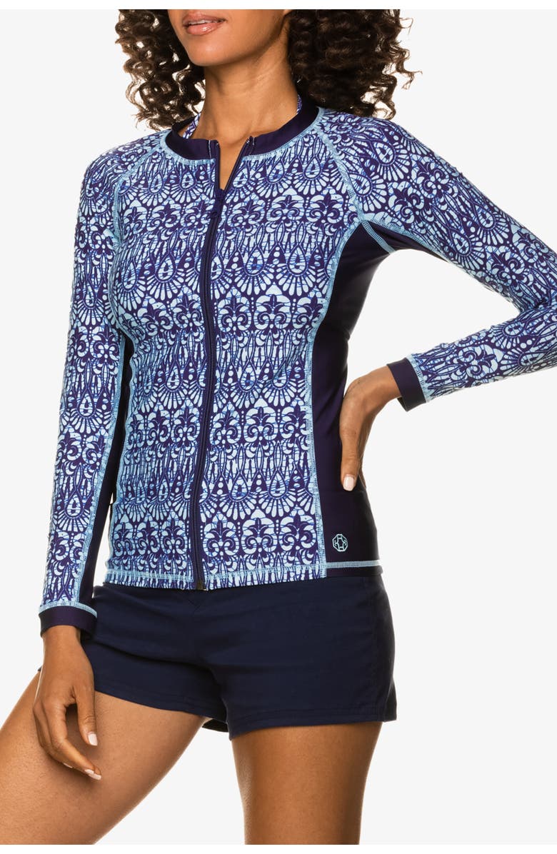 HELEN JON Island Rash Guard Upf 50+, Alternate, color, Island Batik Navy
