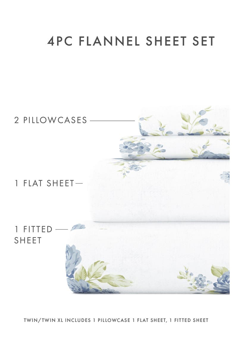 Premium Rose Bunch 4-Piece Flannel Bed Sheet Set, Alternate, color, LIGHT BLUE