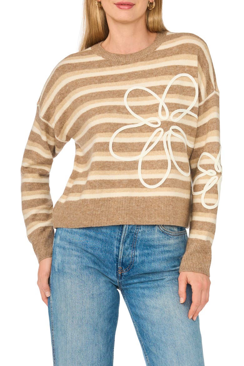 Embroidered Stripe Crewneck Sweater, Main, color, TAUPE