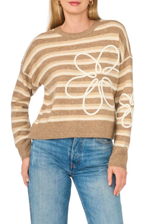 Embroidered Stripe Crewneck Sweater