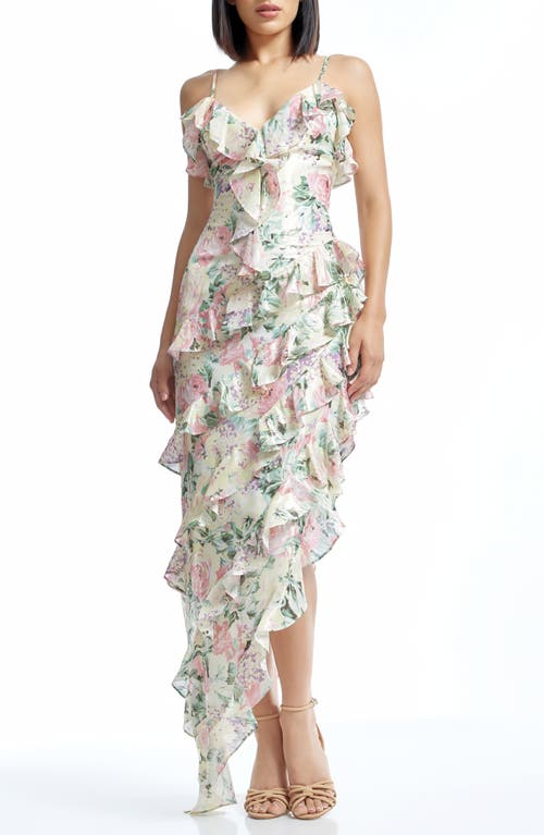 DRESS THE POPULATION DRESS THE POPULATION JOSEFINA METALLIC FLORAL RUFFLE DETAIL GOWN