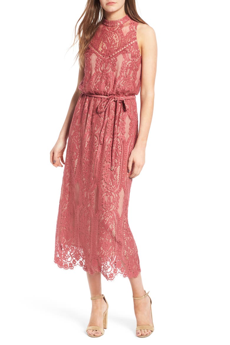 'Portrait' Lace Midi Dress, Main, color, RED BAROQUE