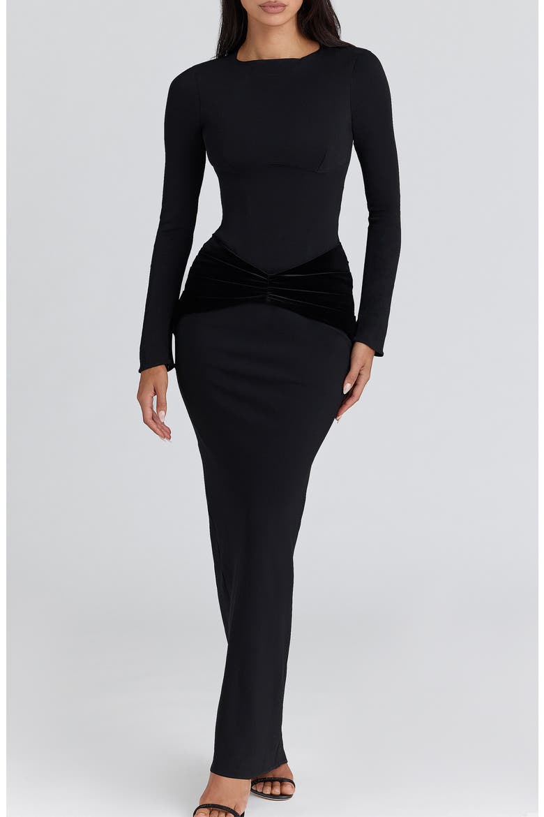 Athena Long Sleeve Stretch Crepe Gown, Main, color, BLACK