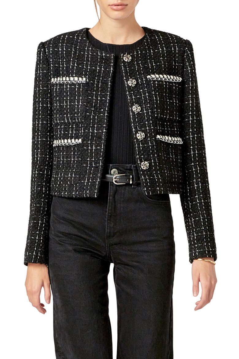 Windowpane Tweed Jacket, Main, color, BLACK