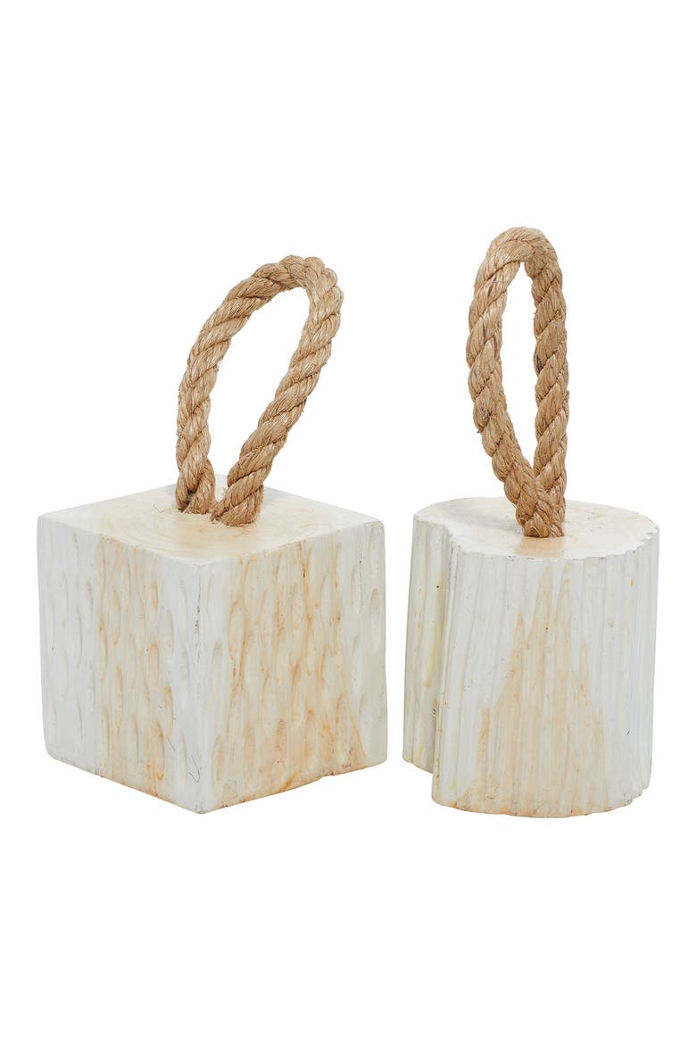White Teakwood Handmade Door Stopper Geometric Sculpture with Rope Accent - Set of 2, Main, color, WHITE