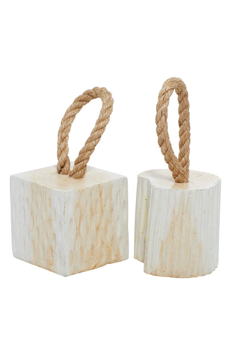 WILLOW ROW White Teakwood Handmade Door Stopper Geometric Sculpture with Rope Accent - Set of 2, Main, color, 