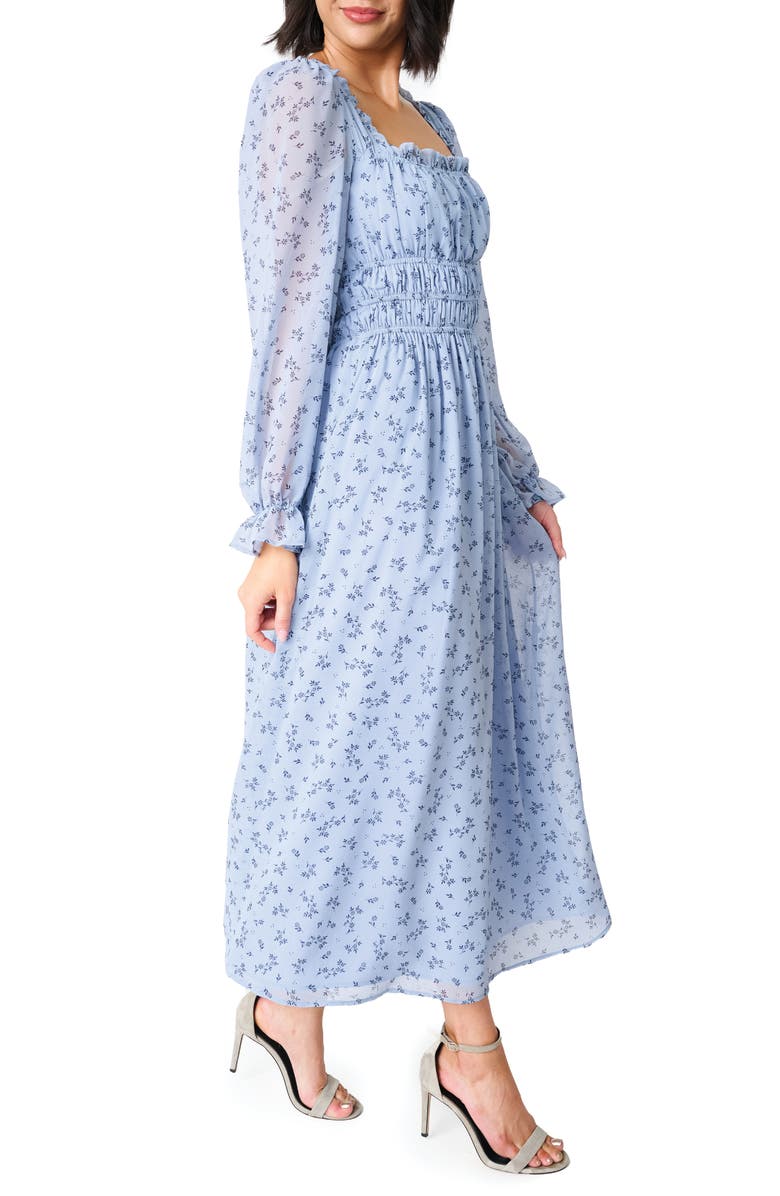 GIBSONLOOK Floral Print Shirred Long Sleeve Maxi Dress, Alternate, color, Denim/Navy Flrl