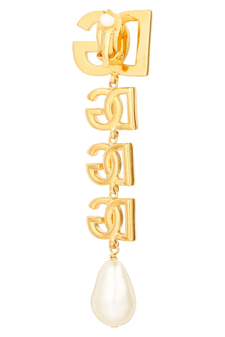 Logo Imitation Pearl Clip-On Drop Earrings, Alternate, color, ORO