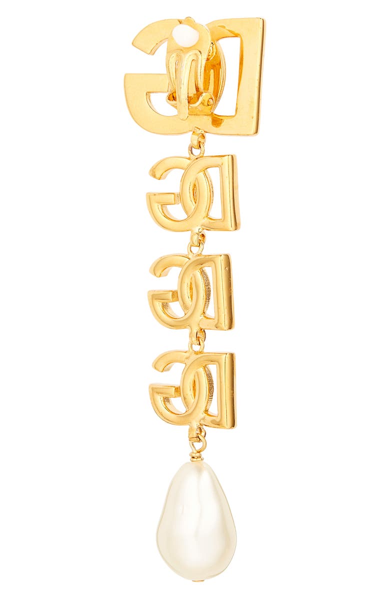 Dolce&Gabbana Logo Imitation Pearl Clip-On Drop Earrings, Alternate, color, Oro