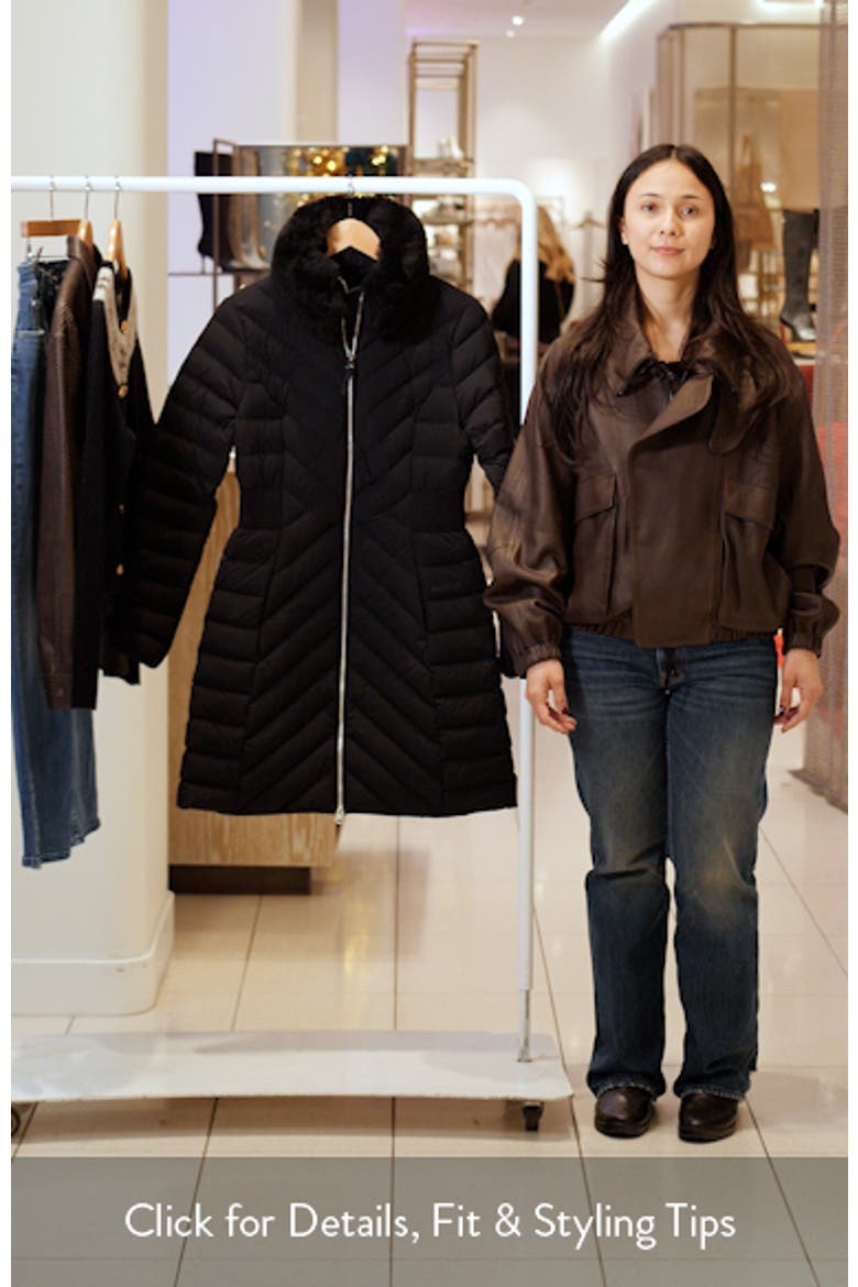Water Repellent Chevron Quilted Down Coat with Removable Genuine Shearling Collar video