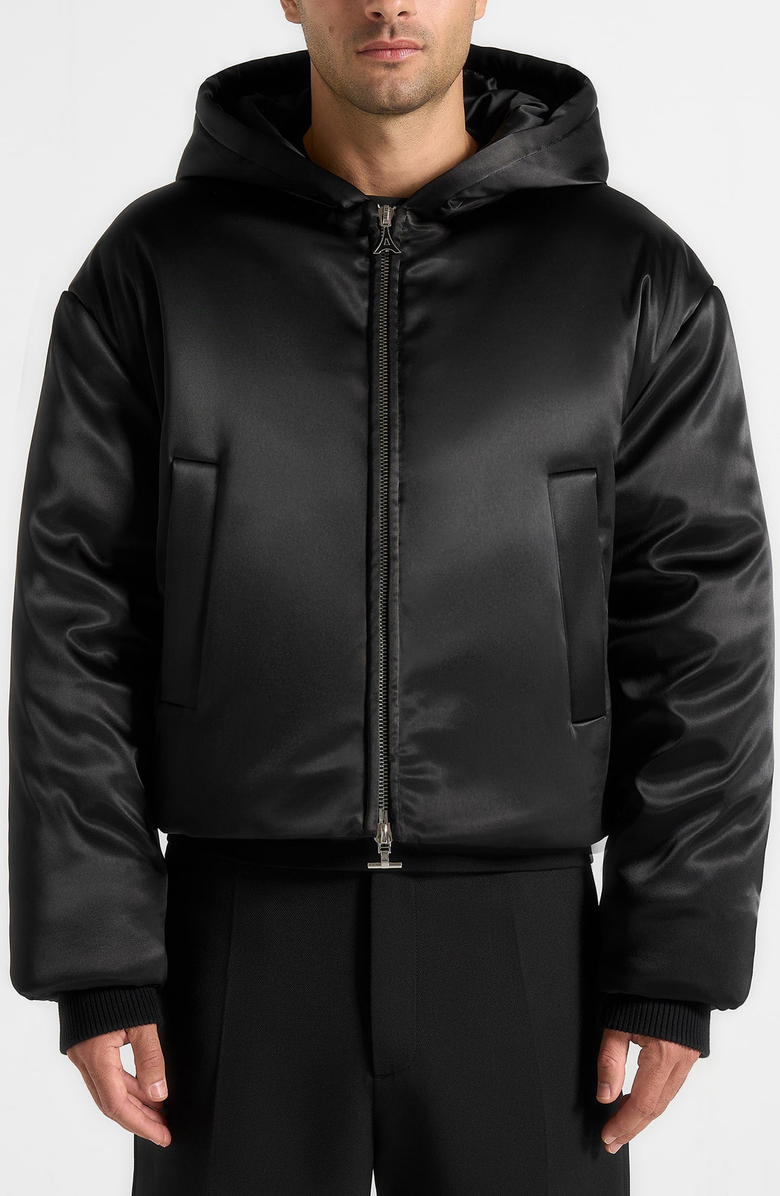 Manière De Voir Dario Satin Cropped Hooded Jacket, Alternate, color, Black