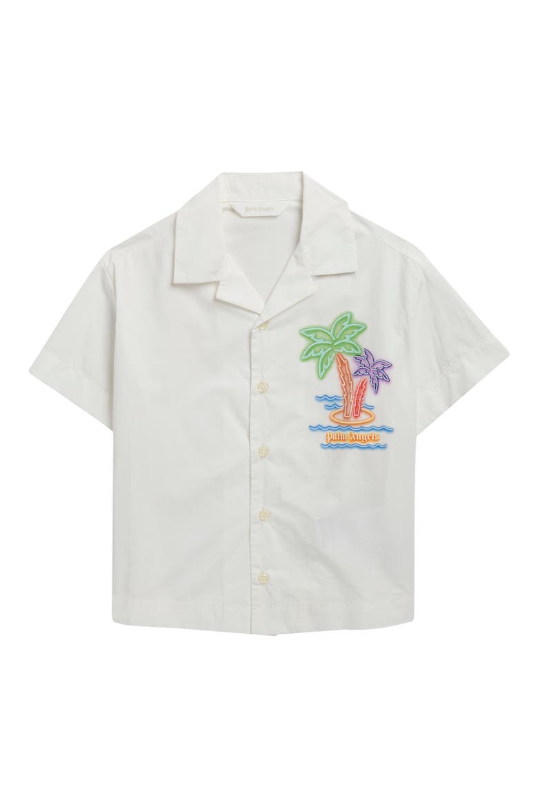 Kids' Neon Palms Short Sleeve Button-Down Shirt, Main, color, WHITE MINT
