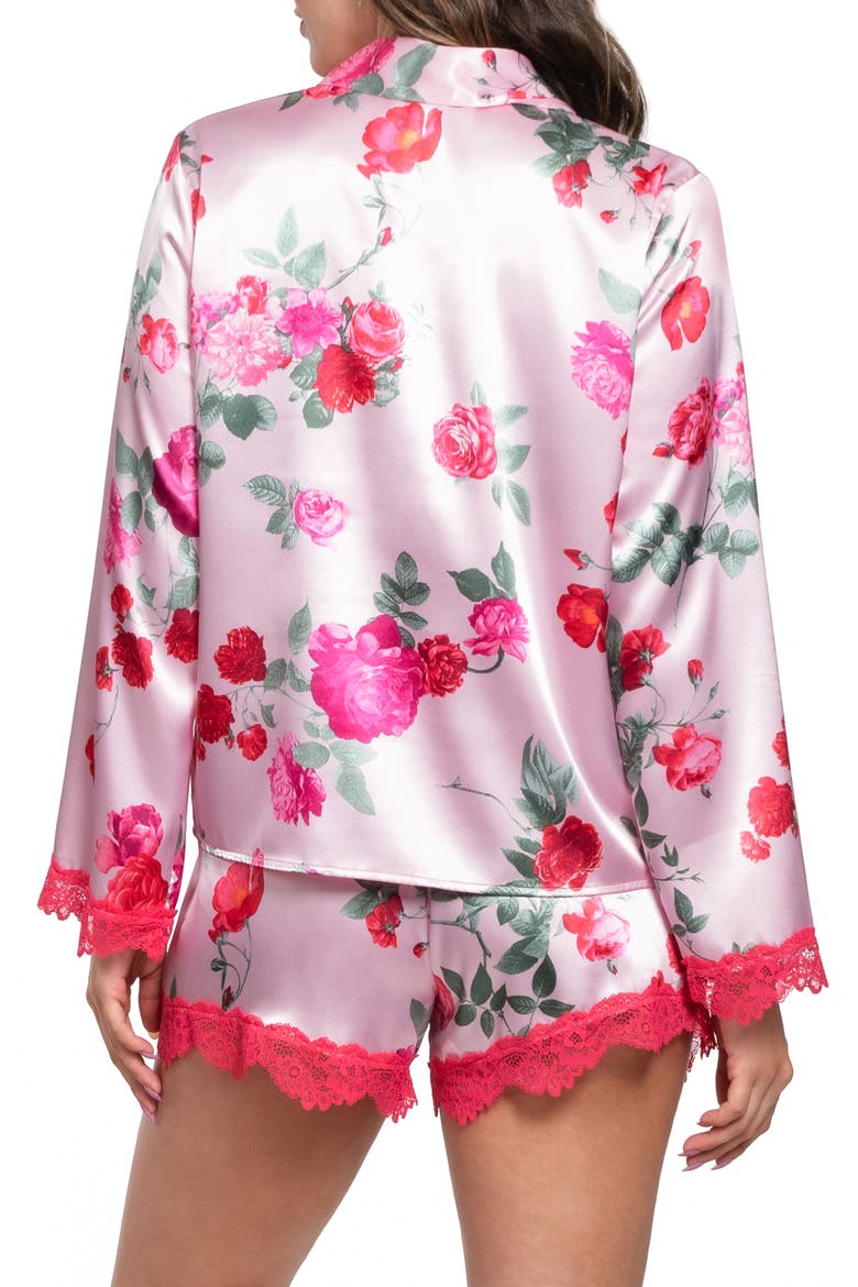 Alyssa Lace Trim Long Sleeve Satin Shorts Pajamas, Alternate, color, LIGHT PINK