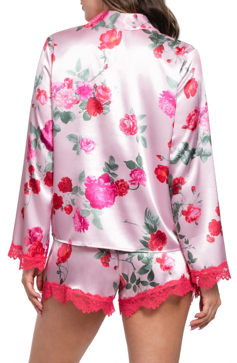 In Bloom by Jonquil Alyssa Lace Trim Long Sleeve Satin Shorts Pajamas, Alternate, color, Light Pink
