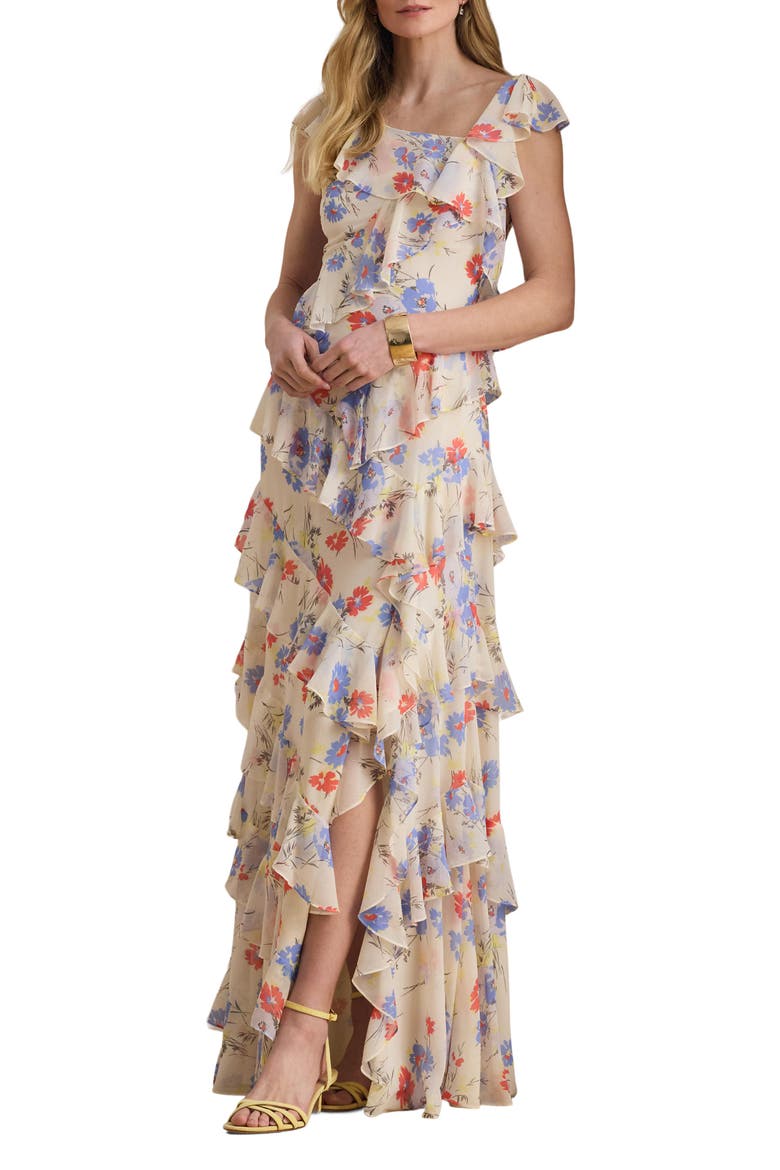 Floral Ruffle Detail Georgette Gown, Main, color, CREAMY WHITE/ MULTI