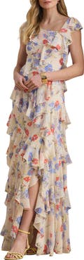 Lauren Ralph Lauren Floral Ruffle Detail Georgette Gown