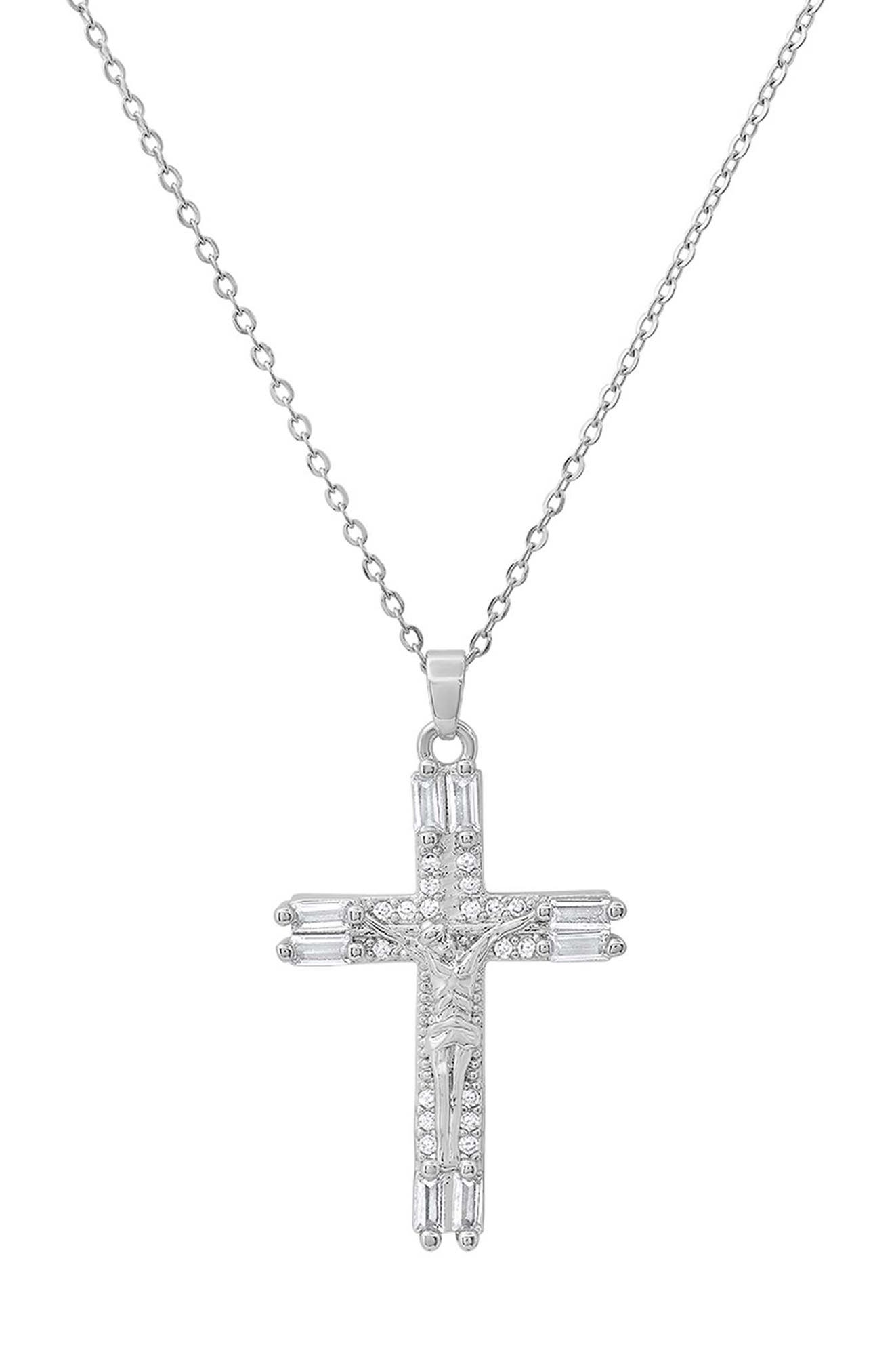 18K White Gold Plated Simulated Diamond Crucifix Pendant Necklace