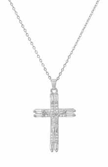 18K White Gold Plated Simulated Diamond Crucifix Pendant Necklace