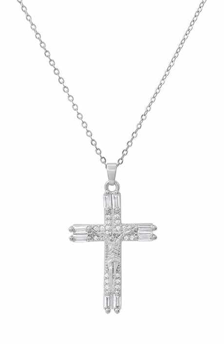 18K White Gold Plated Simulated Diamond Crucifix Pendant Necklace